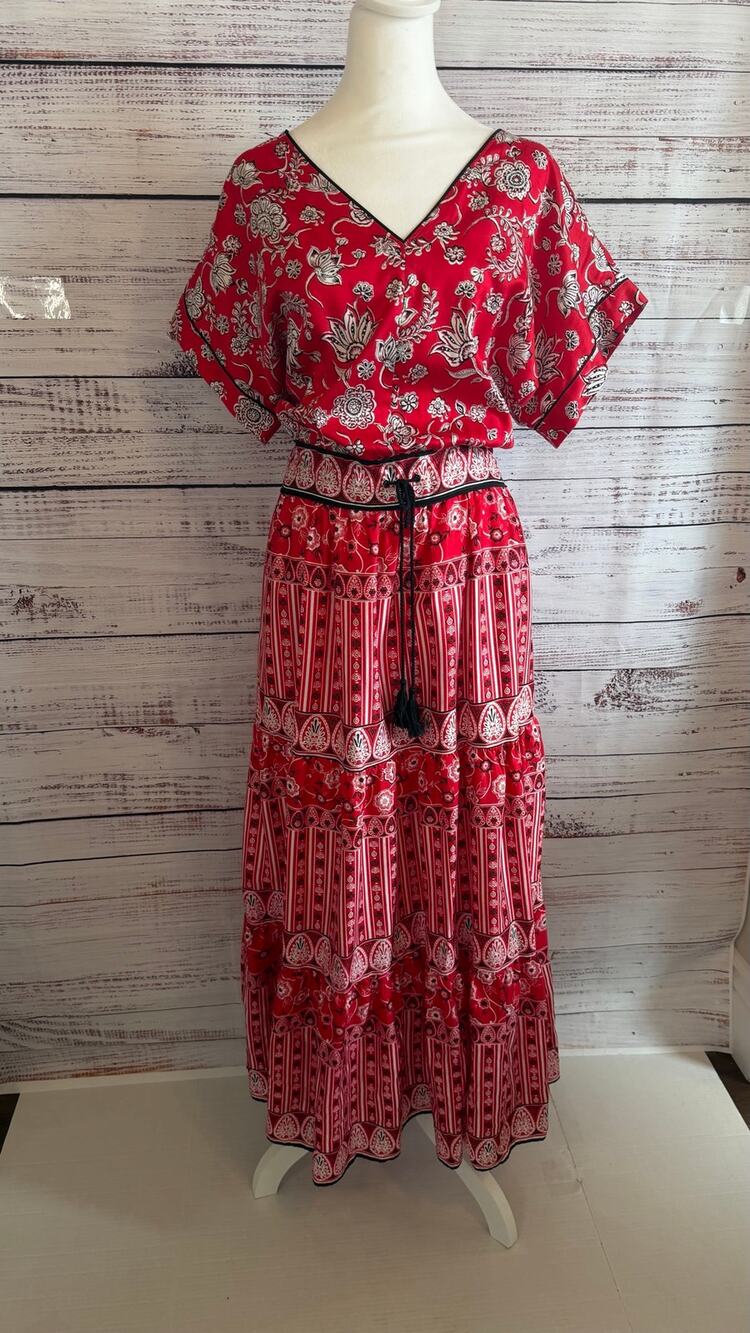 Lauren Ralph Lauren Red Paisley Floral Tiered Cotton Maxi Dress Size 12
